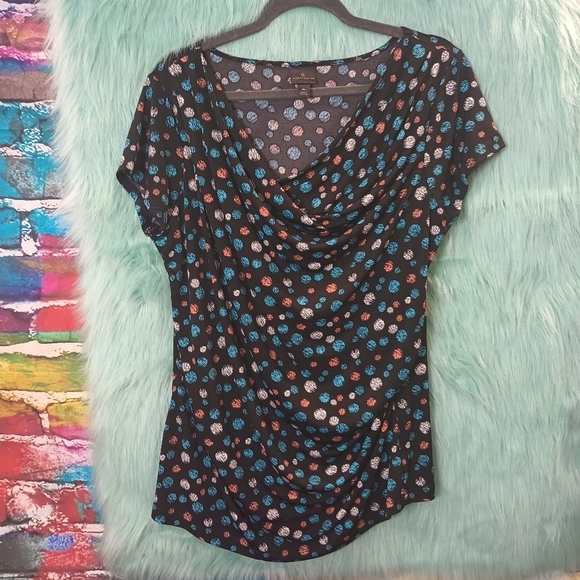 Worthington Black Swoop Neck Multi Color Polka Dot Shirt Sleeve Top Size XL - Picture 1 of 6